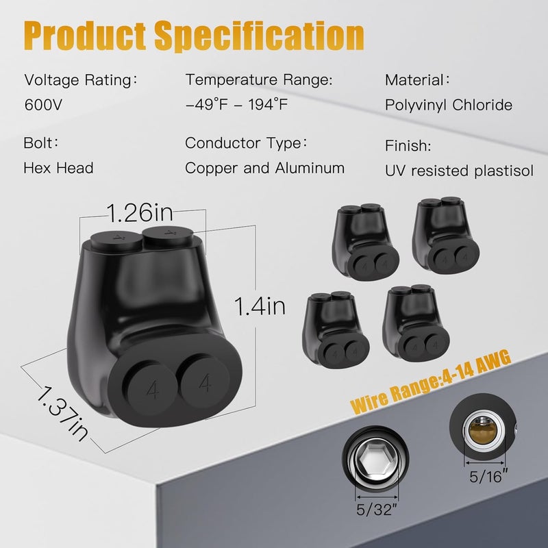 STARELO 5PCS 2 Port Insulated Connector, Single-Sided Splice, Multi Tap Cable Connector for Copper and Aluminum Wires, Slotted Hex, Black Vinyl Coated, Pre-Filled Oxide Inhibitor (4-14 AWG) - Image 2